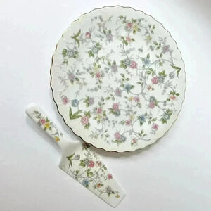 ANDREA by SADEK,Cake Plate Server Scalloped Rim & Gold Gilt Edge, 2 Piece Set